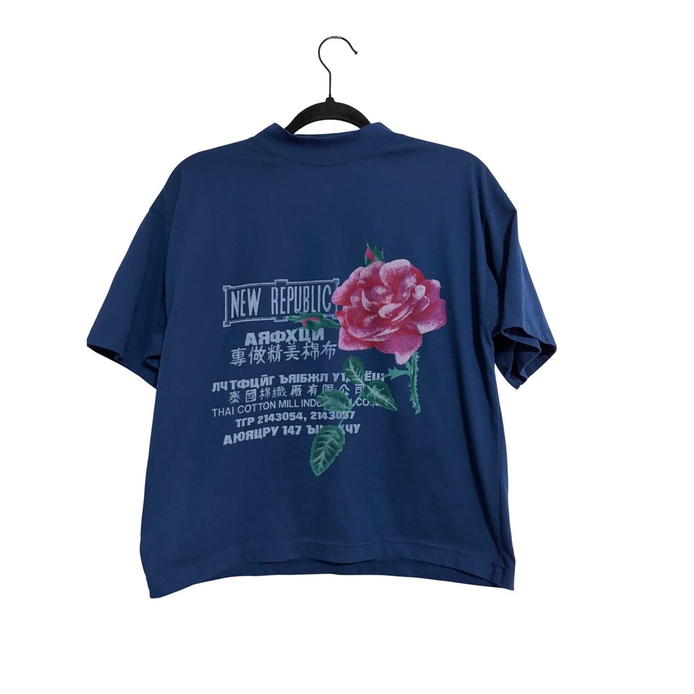 Pasta Graphic Tee Vintage Rose Navy Blue Mock Neck Streetwear Size M